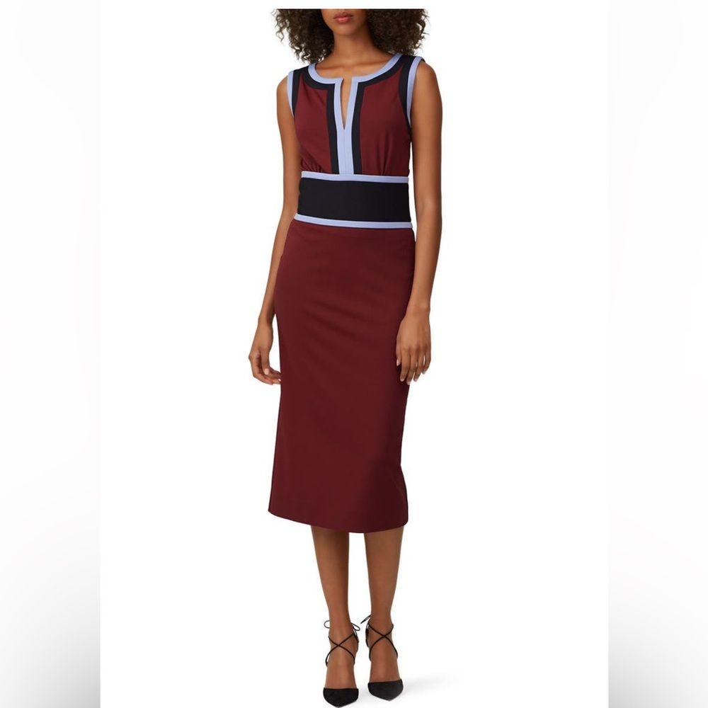 Diane Von Furstenberg Burgundy Midi Dress with Black & Light Blue Trim